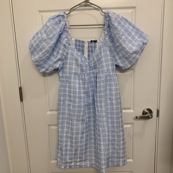 English Factory Blue Gingham Puff Sleeve Mini Dress - NWT - Picture 1 of 3